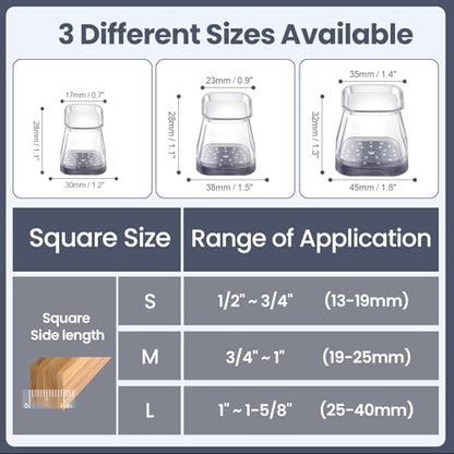 16 Pcs Chair Leg Floor Protectors Square for Hardwood Floors - Silicone Felt Furniture Pads - Chair Leg Caps - Clear Rubber Chair Sliders - S(Fit:0.5"-0.75") - size: Square-Small