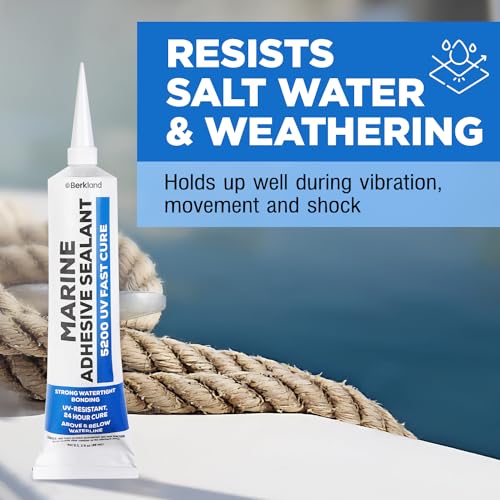 [3 oz] Marine Adhesive Sealant 5200 Fast Cure, White — Permanent Watertight Bond Above & Below Waterline, UV Resistant Marine Caulk for Boats, Hulls, Decks & Fittings by Berkland, American Owned