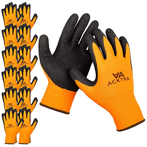 ACKTRA Coated Nylon Safety WORK GLOVES 12 Pairs, Knit Wrist Cuff, Multipurpose, for Men & Women, WG008 Orange Polyester, Black Latex, Medium - color: Orange / Black, size: Medium (Pack of 12)