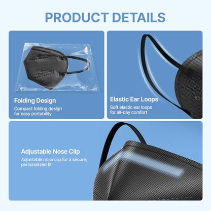 YUAKOU KN95 Protective Face Masks 50pcs, Breathable Comfortable, Disposable Individually Wrapped,5-Ply Protection KN95 Adults Mask Black