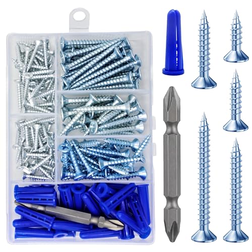 Wensilon (150Pcs) Zinc Wood Screw Quick Metal Self Tapping Flat Head with Drywall Plastic Anchors kit - size: Blue and white Flat Head Wood Screws