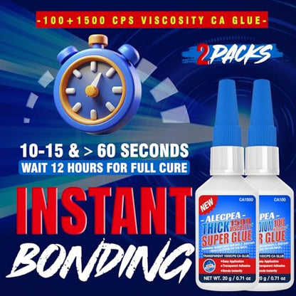 40g(1.4oz) 100/1500 CPS (Thin/Thick) CA Glue, Cyanoacrylate Super Glue for Wood, Glass, Metal, Paper, Leather, Plastic, Ceramic, Rubber, Jewelry, Woodworking, Hobby Models, and Craft Project - size: Clear/100CPS+1500CPS