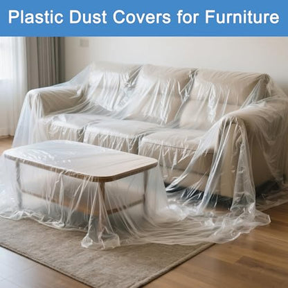 4 Pack Plastic Drop Cloth for Painting, Clear Thick Plastic Sheeting, Large Painters Paint Tarp, Dust Cover for Couch Floor Carpet, Furniture Protectors - Home Renovation Remodeling Cleaning, 8x12 Ft