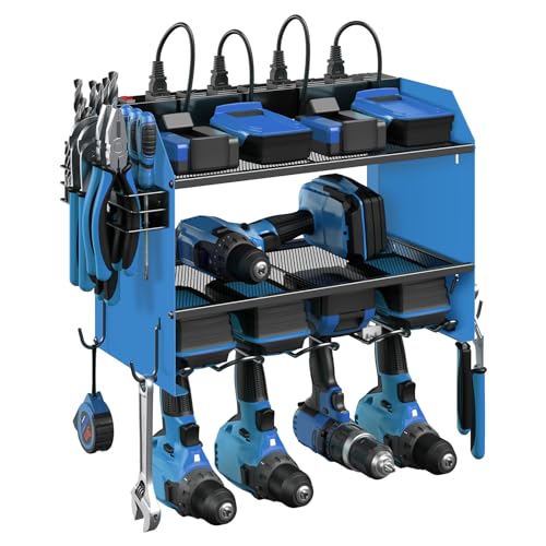 CCCEI Modular Power Tool Organizer Wall Mount with Charging Station. Garage Drill Storage Shelf with Hooks, Heavy Duty Rack, Tool Battery Holder Built in 8 Outlet. Gift for Men. Blue, 1 Pack. - color: E_Blue