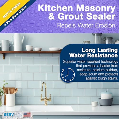 Serveon Sealants Kitchen & Bathroom Sealer Plus Stain Guard (Matte Finish - 1 Quart, 32 Ounce) Commercial Grade Tile Grout Waterproof Sealant - Granite Countertop Natural Stone Shower Floors H2900C