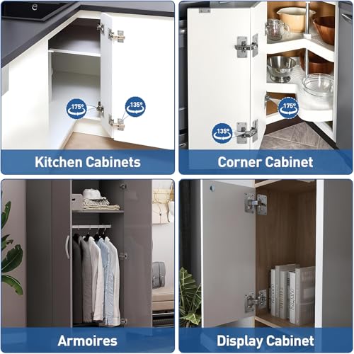 TamBee Corner Cabinet Hinge Bifold 175 Degree with Repair Plate Kit, 48mm Full Overlay Lazy Susan Cabinet Door Hinge Frameless - style: 175° Full Overlay + Plates