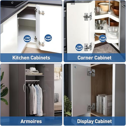 TamBee Corner Cabinet Hinge Bifold 175 Degree with Repair Plate Kit, 48mm Full Overlay Lazy Susan Cabinet Door Hinge Frameless - style: 175° Full Overlay + Plates