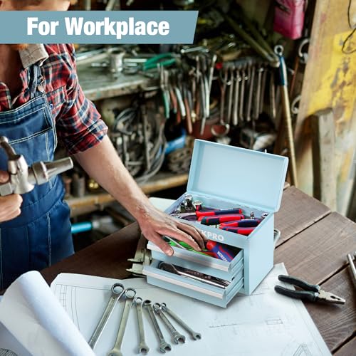 WORKPRO Mini Metal Tool Box with 2 Drawers and Top Storage, Small Tool Chest with PVC Liners and PP Feet Pads, Cold Rolled Steel Toolbox with Magnetic Tab - color: Macaron Blue