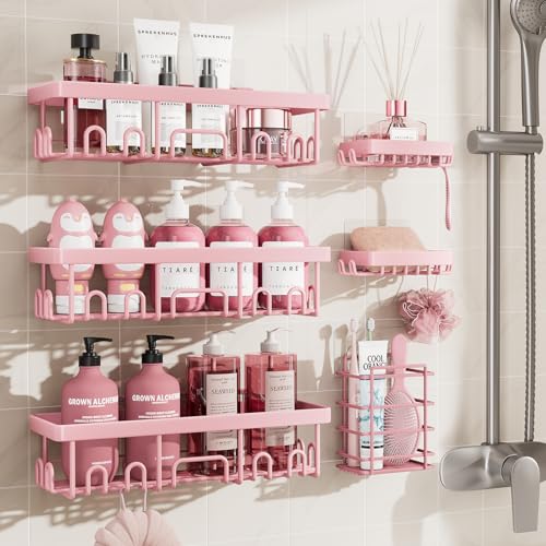 Veken Large Capacity Shower Caddy 6-Pack, No Drilling & Rustproof, Adhesive Shower Shelves with Soap Holder, Bathroom Organizers and Storage, Wall-Mounted Kitchen & Home Decor, Pink - color: G. Pink