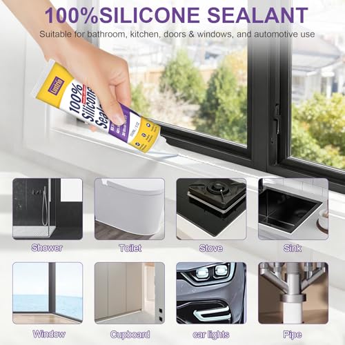 High-Strength Silicone Sealant & Adhesive - 100% Waterproof, Flexible Caulk for Kitchen, Bathroom, Shower, Window, Auto - Creates Durable, Shrink & Crack Resistant Seal 5 Oz. Tube. (White) - color: white