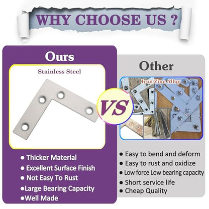Alise L Flat Brackets,Corner Bracket Corner Brace Mending Plate Repair 60mm x 60mm Stainless Steel Flat Braces for Wood Tables, Chairs, Sofas, Beds, Cabinets, Doors and Windows,Brushed,Pack of 8 - size: 60x60mm(8Pcs), style: Brushed