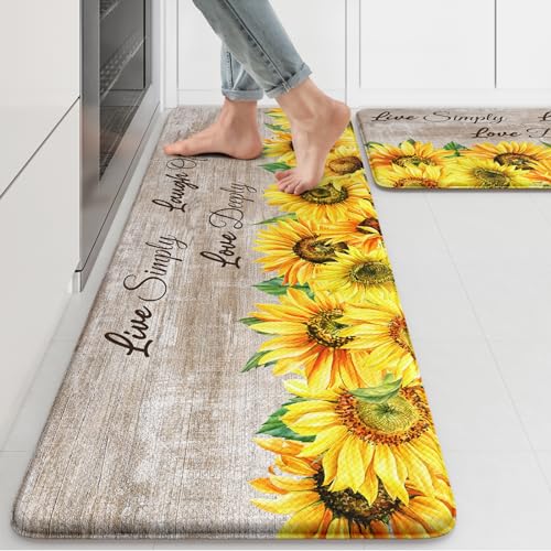 KIMODE Anti Fatigue Kitchen Mat for Floor, Farmhouse Sunflower Kitchen Rugs 2 PCS, Kitchen Floor Mats Non-Slip Cushioned, Comfort Standing Mat for Sink, Laundry, Desk Brown 17"x47"+17"x29" - color: Sunflower/Brown, size: 17.3" x 47"+17.3" x 29"--0.47 inch