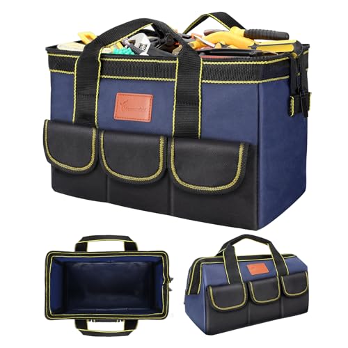 12-Inch Tool Bag with Waterproof Hard Bottom, Durable Wide Mouth Tote Tool Organizer with Multiple Pockets for Electricians Carpenters Mechanics and DIY Projects, Blue
