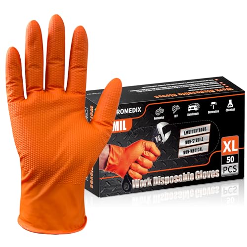 PROMEDIX P Heavy Duty Nitrile Disposable Gloves,8-mil Orange,Raised Diamond Texture Work Gloves，Industrial Work gloves - color: 8mil Orange 50, size: XX-Large