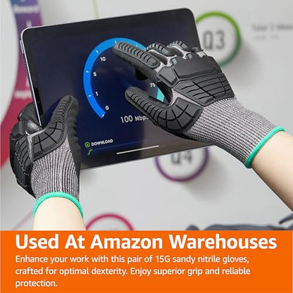Amazon Basics Impact Protection Work Gloves, Cut Level A2, ANSI Level 4 Abrasion, Touchscreen Compatible, Sandy Nitrile Palm, Large, Black with Green Edge - size: Large