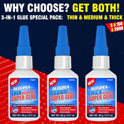 2/150/2000 CPS (Thin/Medium/Thick) CA Glue, Cyanoacrylate Super Glue Wood, Glass, Metal, Paper, Leather, Plastic, Ceramic, Rubber, Jewelry, Woodworking, Hobby Models, and Craft Project 60g(2oz) - size: Clear/2CPS+150CPS+2000CPS