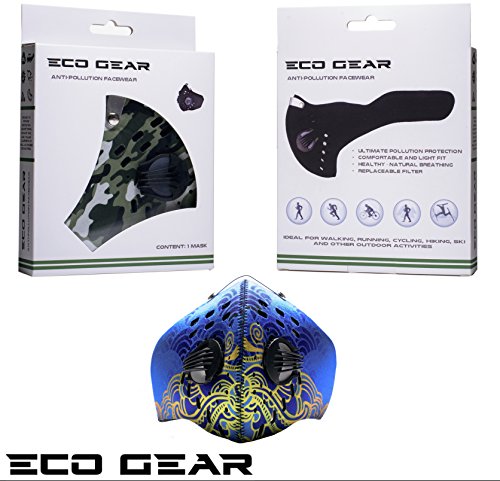ECO-GEAR Anti Pollution Face Mask with Military Grade Protection | Anti Smoke, Exhaust Gas, Dust & Pollen - color: Blue Fire-medium