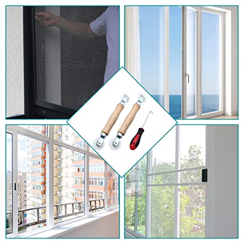 3 Pcs Window Door Screen Repair Kit, Screen Spline Roller Tool with Wooden Handle & Nylon Bearing Wheels and Removal Hook