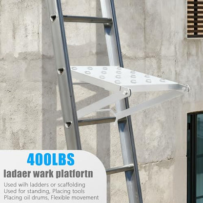 Ladder Work Platform, Foldable 400 lbs Capacity Tool Tray with Anti-Slip Surface, Silver Metal Tray for Painting, Wiring & Repairs on Multipurpose Ladders