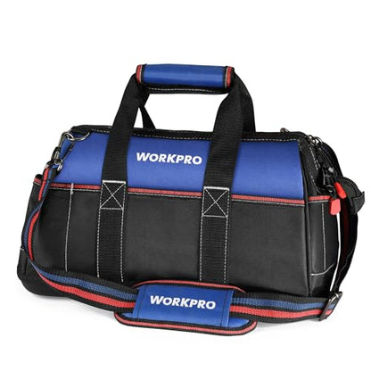 WORKPRO 16-inch Wide Mouth Tool Bag, Heavy Duty Cloth Tool Storage Bag with Water Proof Molded Base, Adjustable Shoulder Strap - color: Blue &Red