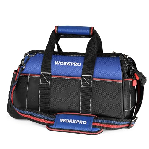 WORKPRO 16-inch Wide Mouth Tool Bag, Heavy Duty Cloth Tool Storage Bag with Water Proof Molded Base, Adjustable Shoulder Strap - color: Blue &Red