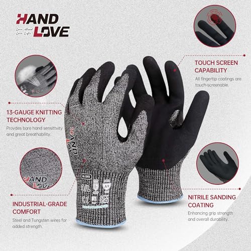 HandLove Cut Resistant Gloves – ANSI A9 Cut Proof Safety Work Gloves | Sandy Nitrile Anti-Slip, Touchscreen, Durable, PFAS Free | Wood Carving, Gardening, Glass Cutting, Car Repair – Black,1Pair,M - color: Black, size: Medium