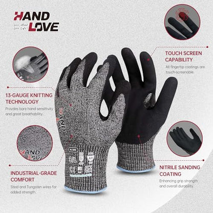 HandLove Cut Resistant Gloves – ANSI A9 Cut Proof Safety Work Gloves | Sandy Nitrile Anti-Slip, Touchscreen, Durable, PFAS Free | Wood Carving, Gardening, Glass Cutting, Car Repair – Black,1Pair,M - color: Black, size: Medium