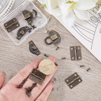 2 Sets Antique Bronze Wooden Box Hinges and Latches Metal Retro Small Decorative Latches Hook Hinge Kit with 24Pcs Matching Screws for DIY Craft Project Wood Jewelry Boxes Cabinet