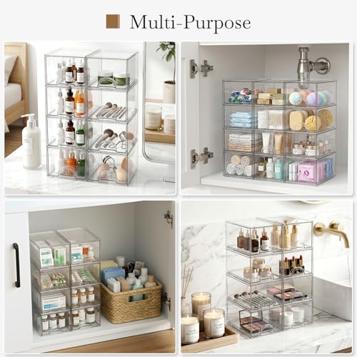 8 Pack Small Clear Stackable Acrylic Storage Boxes Storage Drawers, Storage Organizer, Clear Plastic Makeup Organizer, Ideal for Vanity, Cabinet, Desk Organization