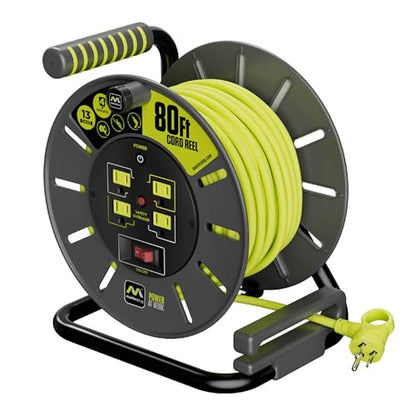 Masterplug 80ft Cord Reel, Retractable Extension Lead with Winding Handle, Safety Overload Circuit Breaker and Power Switch, 4X Grounded Outlets, 13amps, 14AWG Cable - size: 80ft