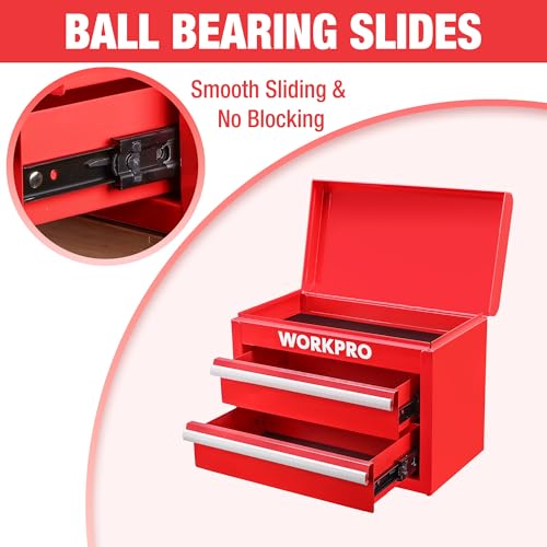 WORKPRO Metal Mini Tool Box, Top Tool Chest containing Two Drawers with Ball Bearing Slides, PVC Drawer Liners and PP Feet Pads, Durable Cold Rolled Steel Small Toolbox for Multi-Purpose Storage - color: Red