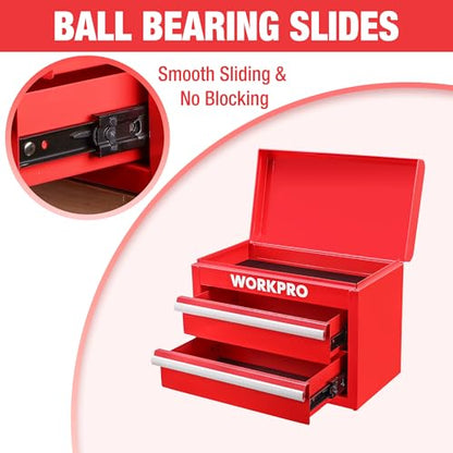 WORKPRO Metal Mini Tool Box, Top Tool Chest containing Two Drawers with Ball Bearing Slides, PVC Drawer Liners and PP Feet Pads, Durable Cold Rolled Steel Small Toolbox for Multi-Purpose Storage - color: Red