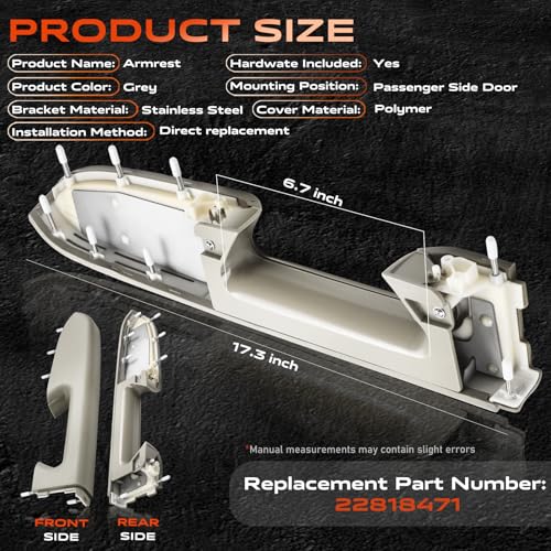 22818471 Front Right Passenger Side Armrest Repair Kit Compatible with 2010-2014 Chevy Silverado and GMC Sierra 1500 2500HD 3500HD, Designed for Door Panel with Release Handle Below Armrest, Gray - color: 22818471 Gray Passenger Side Armrest