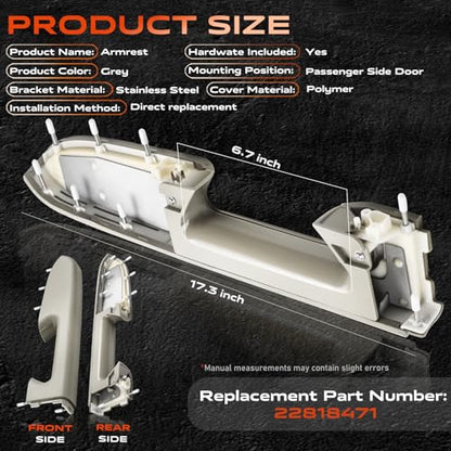 22818471 Front Right Passenger Side Armrest Repair Kit Compatible with 2010-2014 Chevy Silverado and GMC Sierra 1500 2500HD 3500HD, Designed for Door Panel with Release Handle Below Armrest, Gray - color: 22818471 Gray Passenger Side Armrest