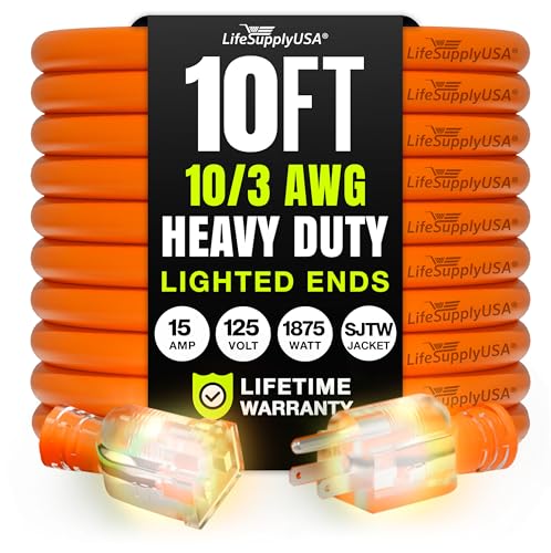 10ft Outdoor/Indoor Extension Cord 10/3 Gauge Ultra Heavy Duty 3 Prong SJTW, Waterproof, Flexible Cold-Resistant Long Power Cord,15A 125V 1875W, Orange by LifeSupplyUSA - color: Orange, size: 10 FT, style: 10AWG