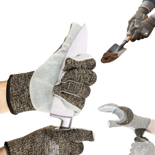 ANDANDA Level 5 Cut Resistant Gloves, Aramid Suture, Cow Split Leather Work Gloves Suitable for Men/Women Working in Gardening, Large/1 Pair