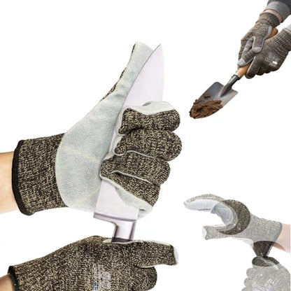 ANDANDA Level 5 Cut Resistant Gloves, Aramid Suture, Cow Split Leather Work Gloves Suitable for Men/Women Working in Gardening, Large/1 Pair