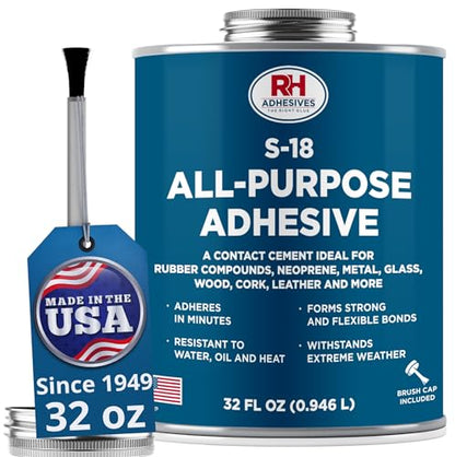 S-18 All-Purpose Adhesive, 32 oz. can - Multi-Purpose, Rubber, Metal, Leather, Felt, Wood, Neoprene, Glass, Flexible, Waterproof, Long Lasting - RH Adhesives - size: 32 oz