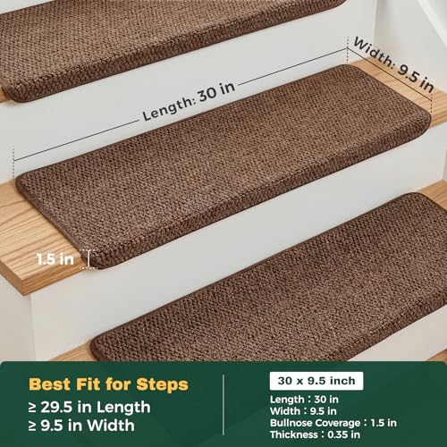 MBIGM Bullnose Non-Slip Stair Treads w/Reusable Adhesive 14 Pack 9.5" x 30" Wooden Steps Protection - TPU Backing with Steel Reinforcement - Anti-Slip Solution Knitted Brown Non Slip Stair Tread - color: Brown - Knitted