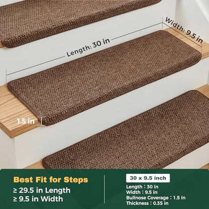 MBIGM Bullnose Non-Slip Stair Treads w/Reusable Adhesive 14 Pack 9.5" x 30" Wooden Steps Protection - TPU Backing with Steel Reinforcement - Anti-Slip Solution Knitted Brown Non Slip Stair Tread - color: Brown - Knitted