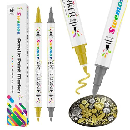 Swemos Acrylic Paint Pens Markers, Dual Tip with Fine Tip and Brush Tip Pens Acrylic Paint Markers Waterproof Acrylic Markers Set for Rock, Canvas Stone, Wood, Glass, Metal (GOLD+SILVER, 2) - style: GOLD+SILVER