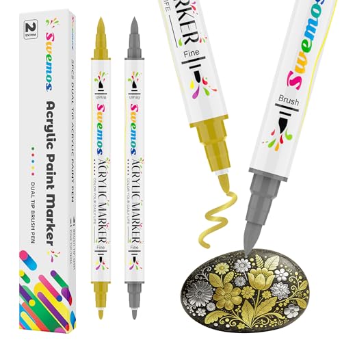 Swemos Acrylic Paint Pens Markers, Dual Tip with Fine Tip and Brush Tip Pens Acrylic Paint Markers Waterproof Acrylic Markers Set for Rock, Canvas Stone, Wood, Glass, Metal (GOLD+SILVER, 2) - style: GOLD+SILVER