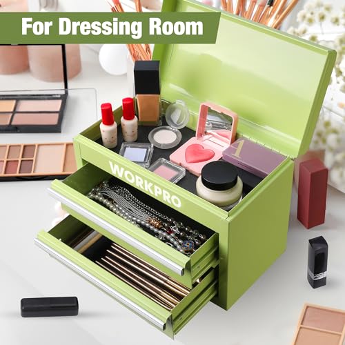 WORKPRO Mini Metal Tool Box with 2 Drawers and Top Storage, Small Tool Chest with PVC Liners and PP Feet Pads, Cold Rolled Steel Toolbox with Magnetic Tab - color: Macaron Green