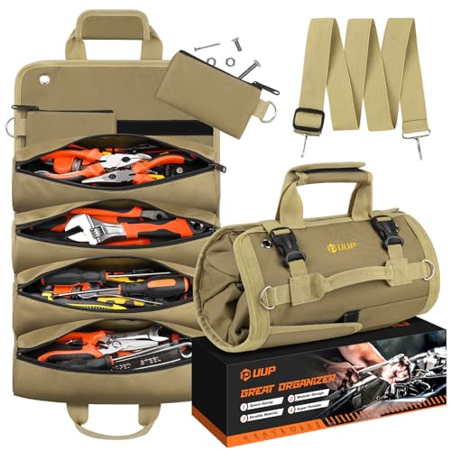 Tool Bag Roll Up, UUP Heavy Duty Rolled Empty Tool Storage Organization, Portable Foldable Rollup Organizer with 2 Small Pouches, Rollable Carrying Toolbag, Dad Men Mechanic Birthday Gifts, Khaki - color: Khaki
