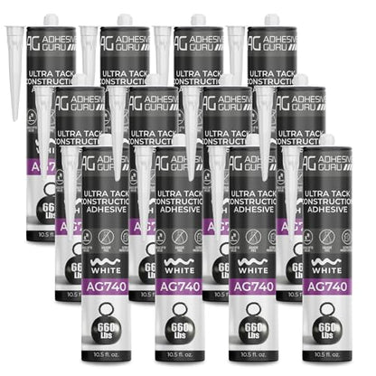 Adhesive Guru AG740 Ultra Tack Hybrid Construction Adhesive (12x10.5 fl oz), Heavy Duty Indoor Outdoor Caulk Sealant, White - 12 Pack - style: 12 Pack