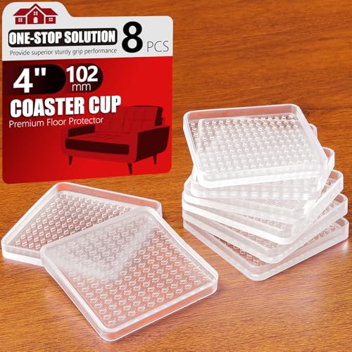 8 Pcs Clear Furniture Coaster Cups for Hardwood Floor, 4" Square Non-Slip Rubber Furniture Pads, Heavy Duty Anti-Skid Floor Protectors for Bed & Couch Leg, Odorless & Non-Staining Rubber Gripper Feet - size: 4“-square