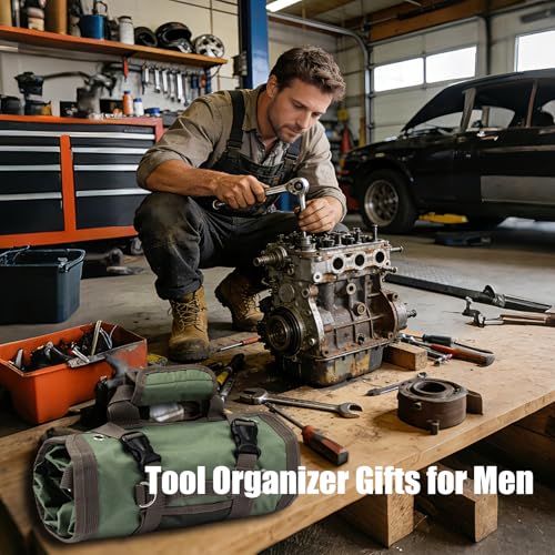 Portable Roll up Tool Bag, Heavy Duty Tool Organizer Bag with 5 Compartments & 2 Detachable Pouches for Tool Storage, Water Resistant Foldable Tool Roll Bag for Dad Men Electrician Mechanic Gift
