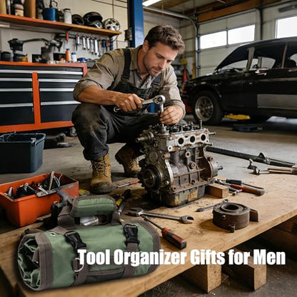 Portable Roll up Tool Bag, Heavy Duty Tool Organizer Bag with 5 Compartments & 2 Detachable Pouches for Tool Storage, Water Resistant Foldable Tool Roll Bag for Dad Men Electrician Mechanic Gift
