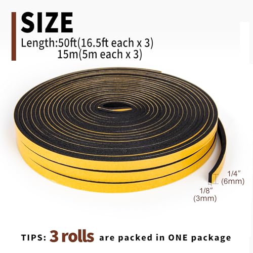 Yotache Foam Seal Tape 3 Rolls 1/4" W X 1/8" T, High Density Adhesive Foam Weather Strip Seal for Window and Door, 50 Ft Length (3 X 16.5 Ft Each) - size: 1/4"x1/8"x50 Ft