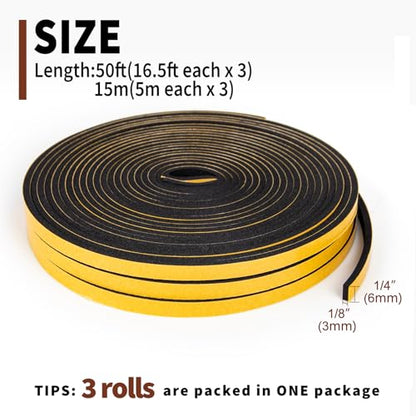 Yotache Foam Seal Tape 3 Rolls 1/4" W X 1/8" T, High Density Adhesive Foam Weather Strip Seal for Window and Door, 50 Ft Length (3 X 16.5 Ft Each) - size: 1/4"x1/8"x50 FT